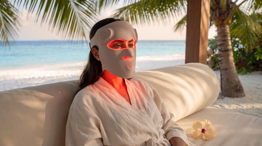 Johanna on a daybed under palms wearing the P.s. I Love You in red mode