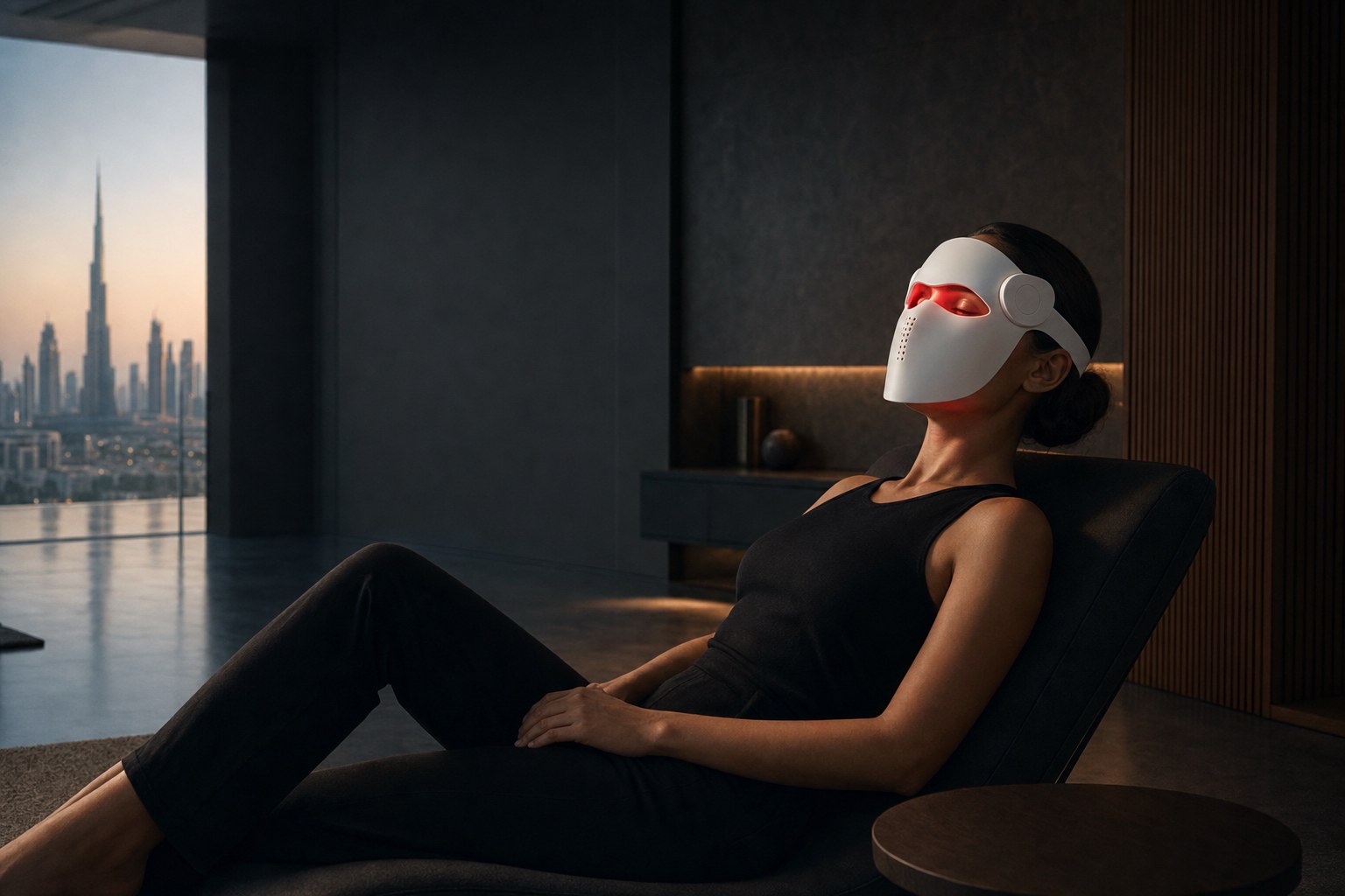 Woman relaxing with the glowing Peakspan LaserMask, Dubai skyline at dusk behind her