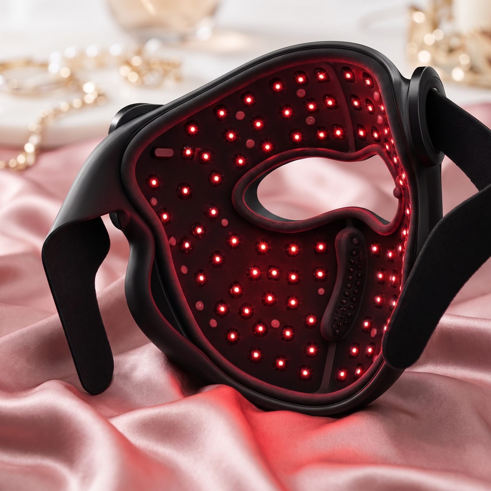 The LaserMask red emitter array glowing on dusty-rose P.S. silk