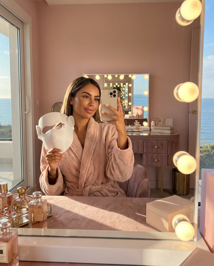 Mirror selfie at a pink vanity in a blush robe, holding the P.S. LaserMask