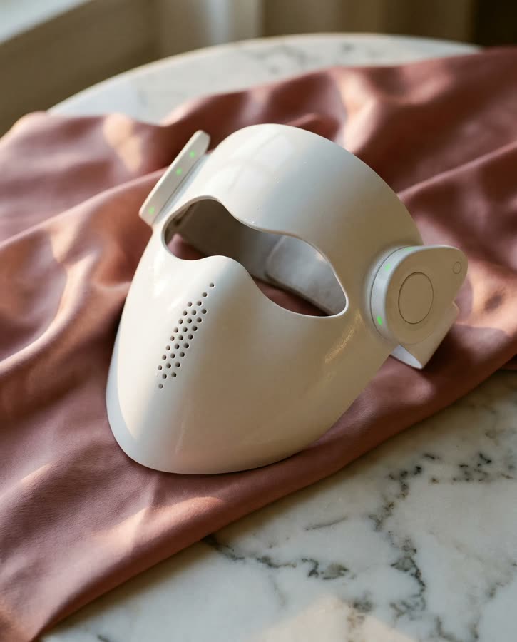 The P.S. LaserMask in white and rose gold on dusty-rose silk over marble