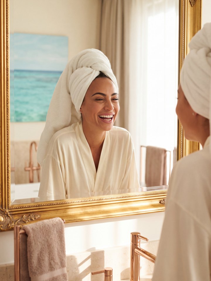 Woman at a marble vanity applying skincare, the P.s. I Love You mask on its stand beside her in morning light