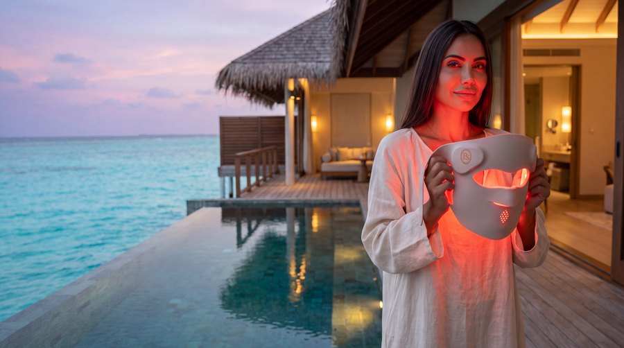 Johanna on an overwater villa terrace at dusk holding the P.s. I Love You lit red