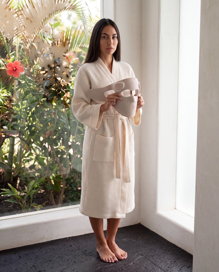 Johanna in a white waffle robe holding the P.s. I Love You in a bright villa bathroom with hibiscus
