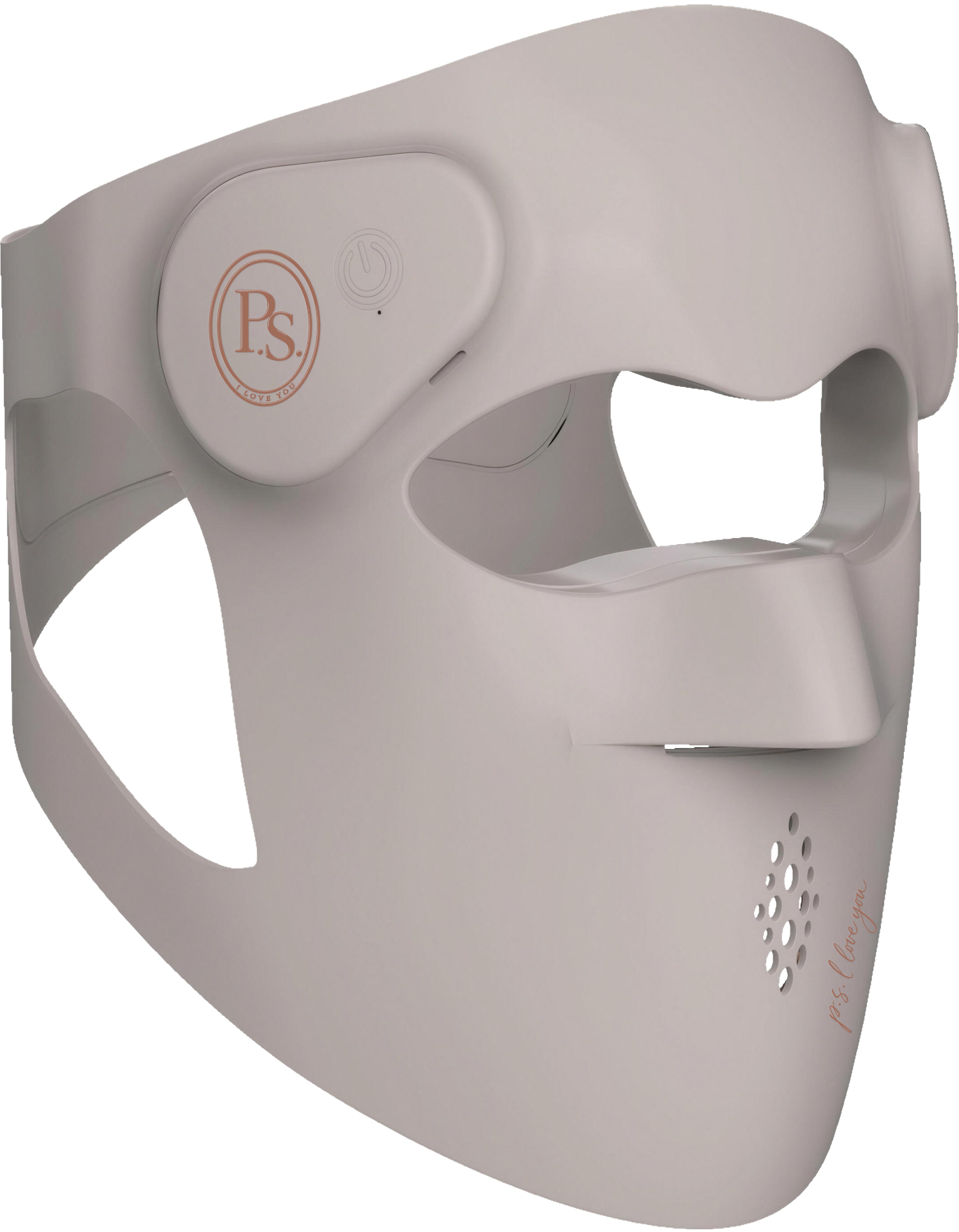 P.s. I Love You taupe mask with rose-gold crest and signature
