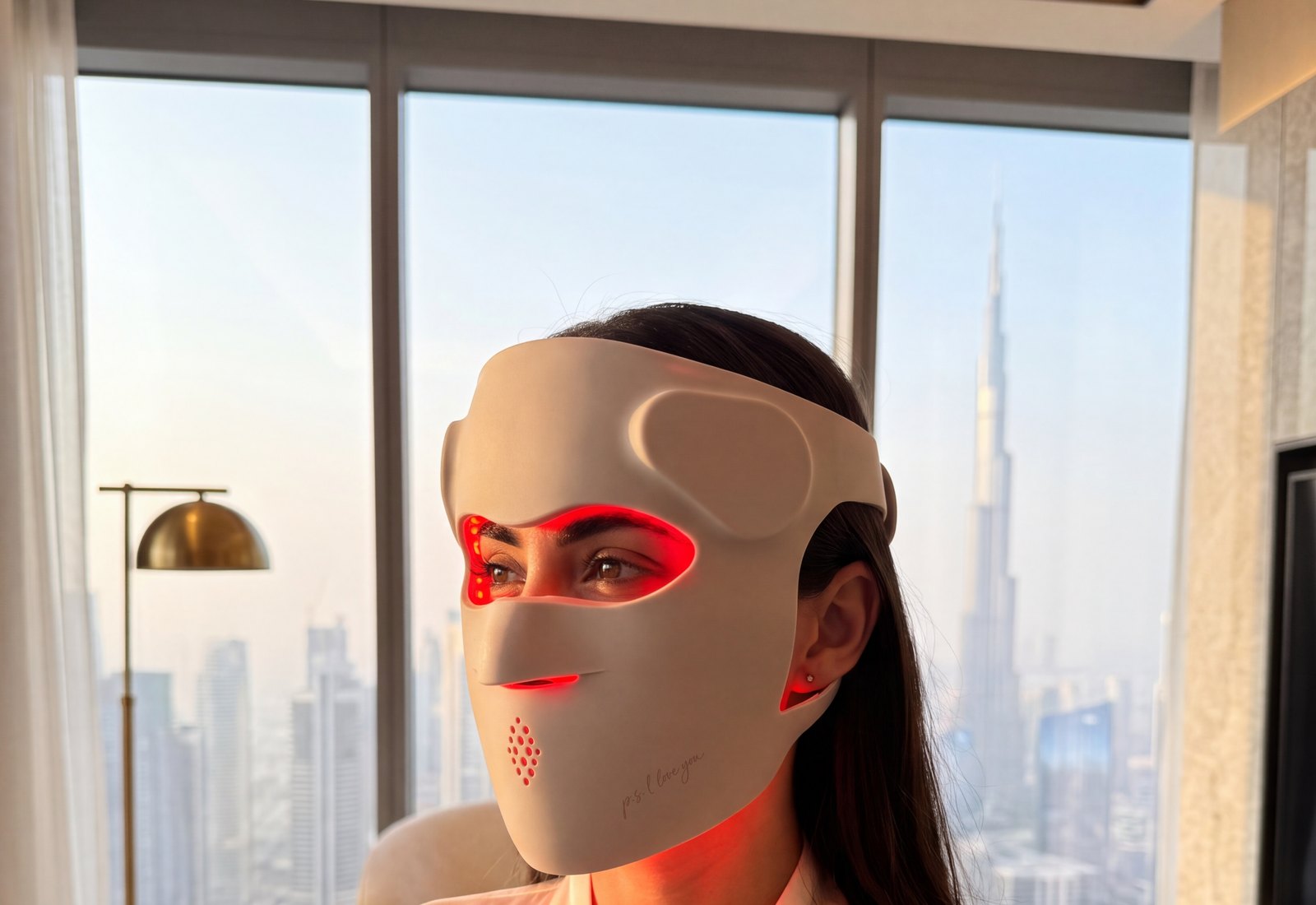 Johanna in an ivory silk robe wearing the P.s. I Love You at golden hour, the Dubai skyline behind her