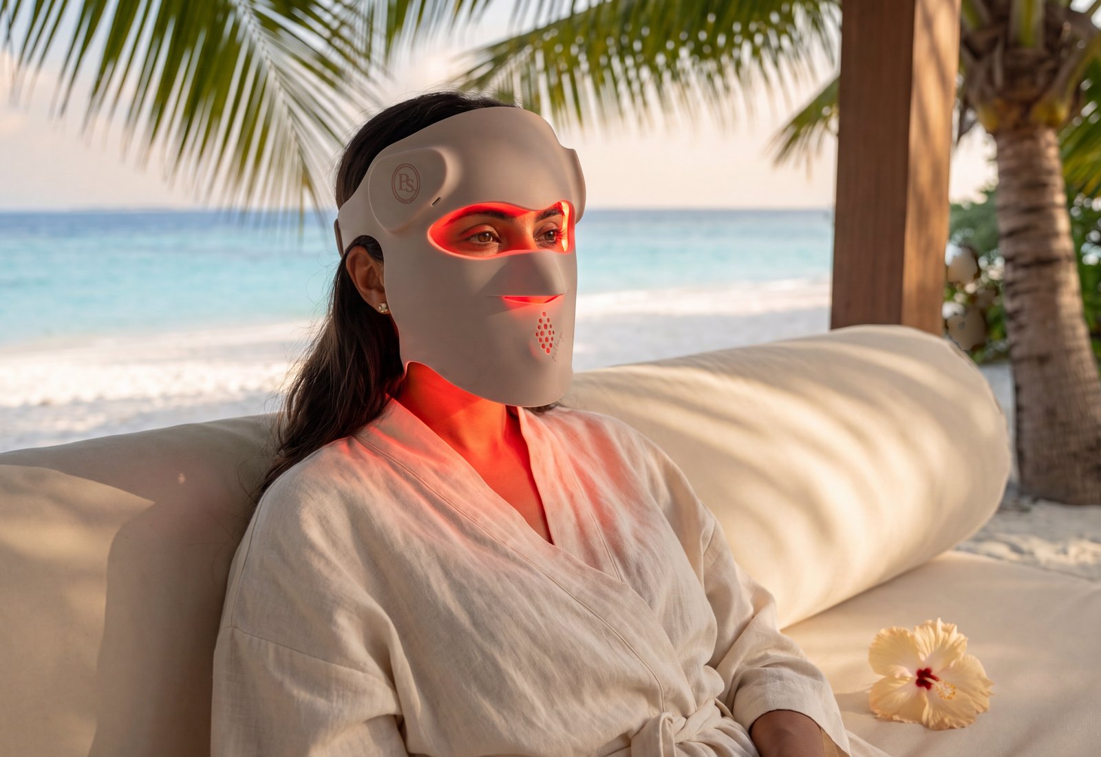 Johanna on a daybed under palms in morning light, wearing the P.s. I Love You in red mode